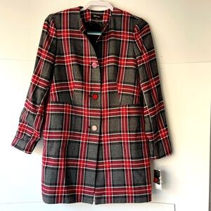 NEW ! ($150) Nine West Long Red Gray Plaid Jacket Coat Tartan Blazer, Sz 2